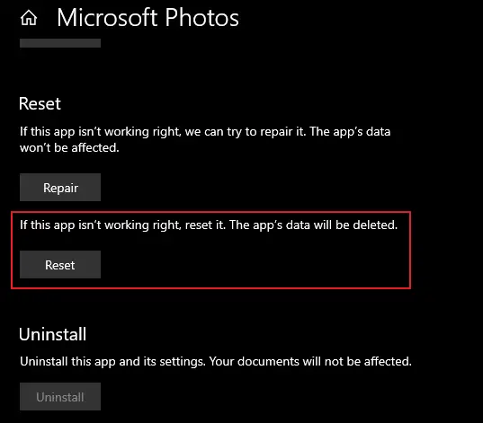 Reset Option for Microsoft Photos