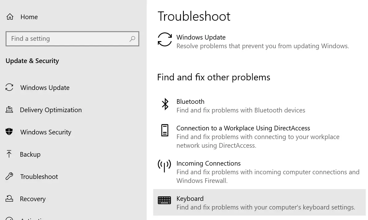 Built-in keyboard troubleshooter to fix a Windows button that is not working