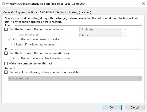Windows Defender Scheduled Scan Properties - Conditions