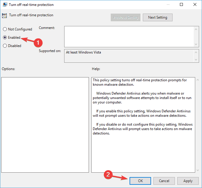 Turn off real-time protection to disable Antimalware Service Executable (MsMpEng.exe)