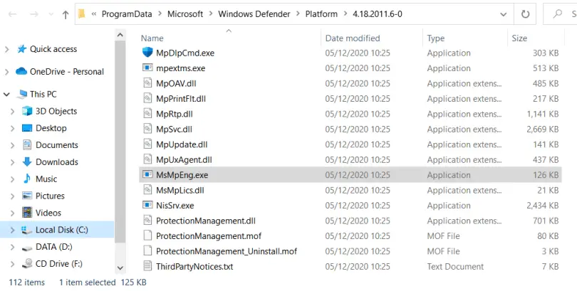 MsMpEng.exe executable in the Windows Defender folder