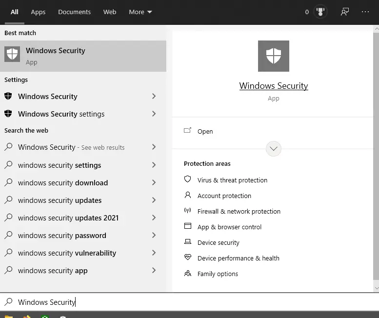search for Windows Security