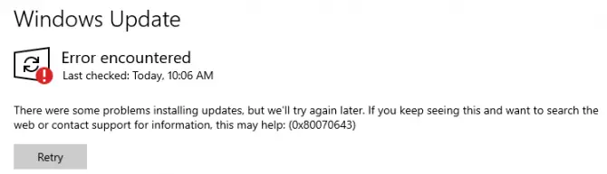 0x80070643 Windows update error message