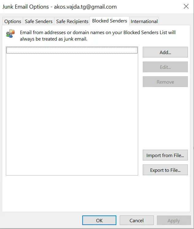 Remove blocked senders to fix the Outlook not receiving emails issue
