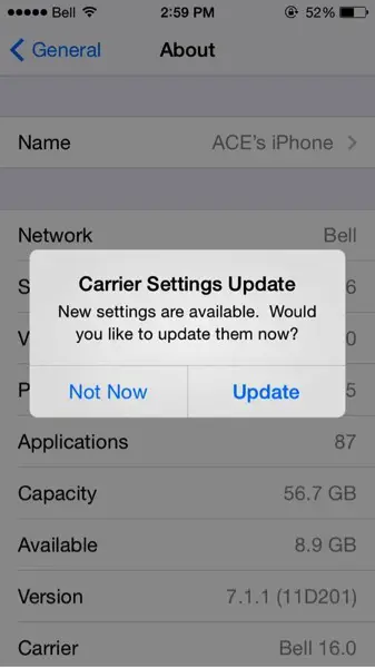 Make sure to apply Carrier Updates to fix iPhone no internet connection errors