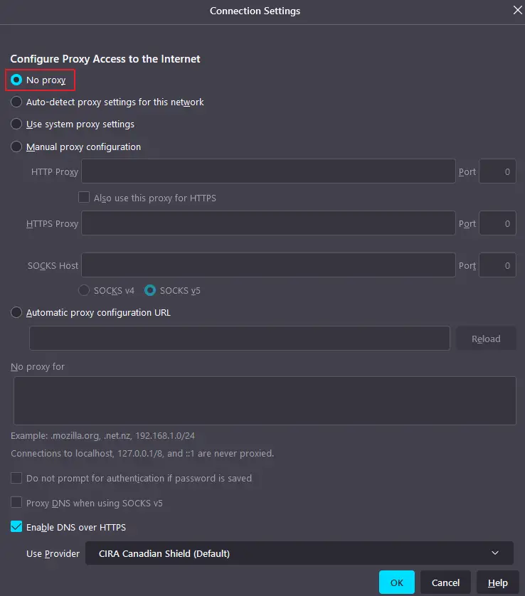 Setting No Proxy on Firefox could solve the SSL_Error_RX_Record_Too_Long error
