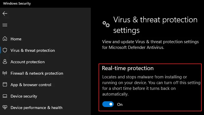 Turn Off Real Time Protection to fix issues with MsMpEng.exe