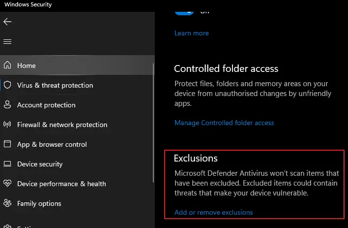 Virus and Threat Protection - Exclusions
