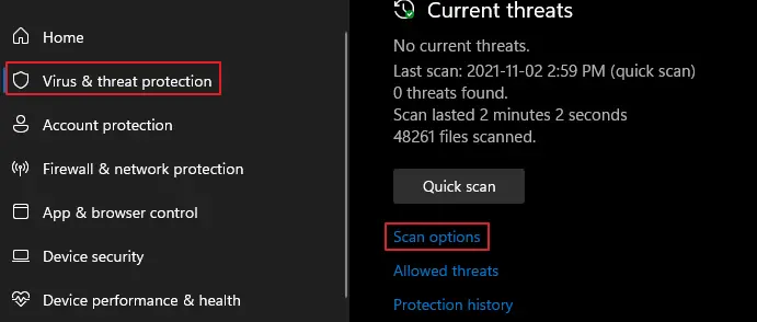 Windows Security - Virus and Threat - Scan Options