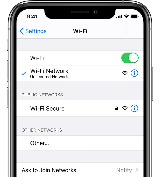 iPhone in range of a WiFi network and connected