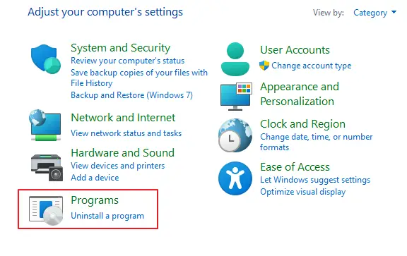 Programs menu item in Control Panel