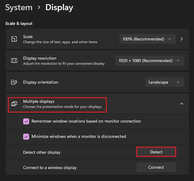 Manually detect multiple displays when second monitor is not detected