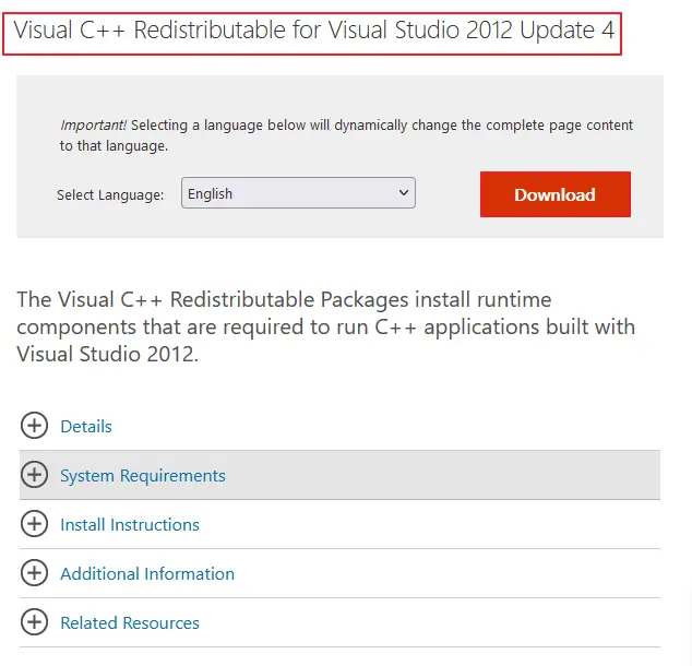 Download Visual C++ Redistributable packages