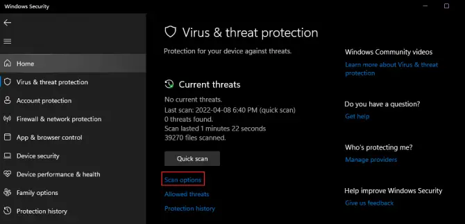 Windows Defender scan options