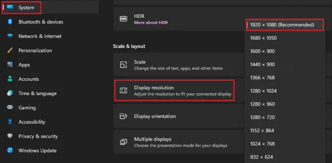 Select the recommended display resolution