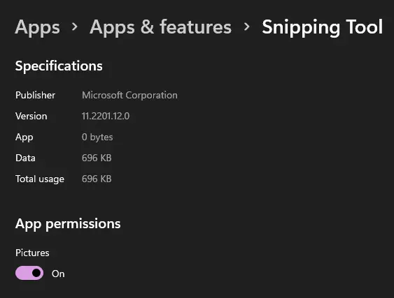 Snipping Tool app permissions