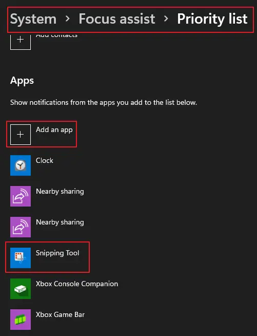 Windows 11 Focus assist priority app list