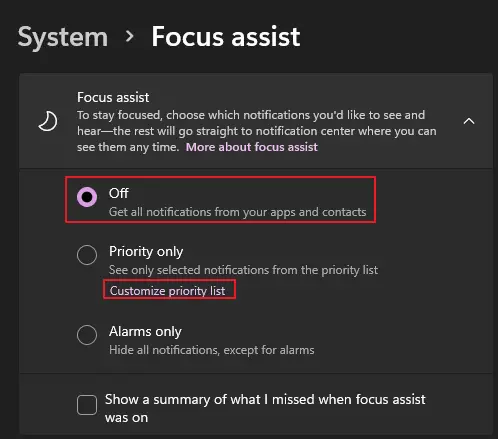 Turn Focus Assist off on Windows 11 to resolve Windows Shift S not working