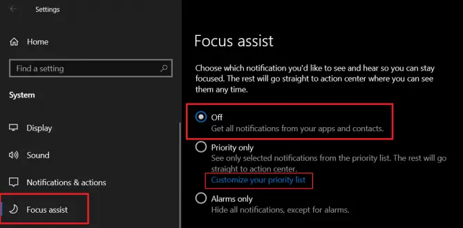 Turn off Focus Assist on Windows 10 to remediate Windows Shift S not working
