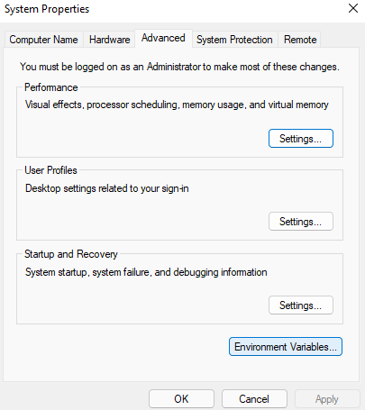 Open environment variables