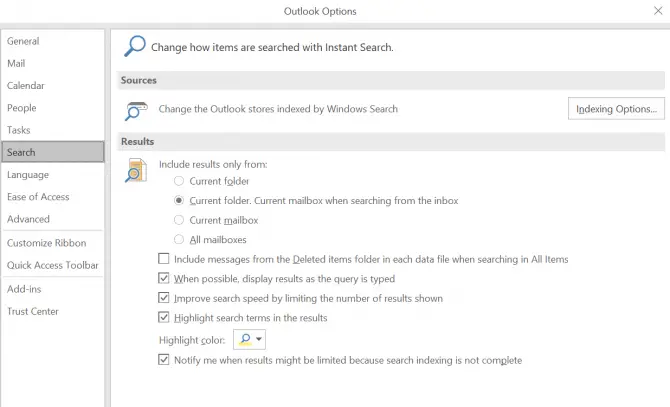 Outlook Search Options