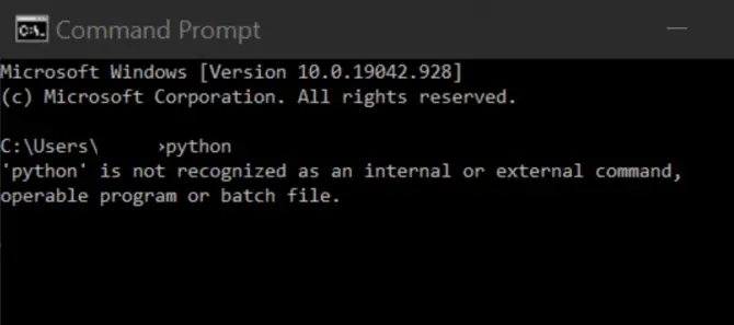 Python is not recognized as an internal or external command, operable program, or batch file error message in Command Prompt