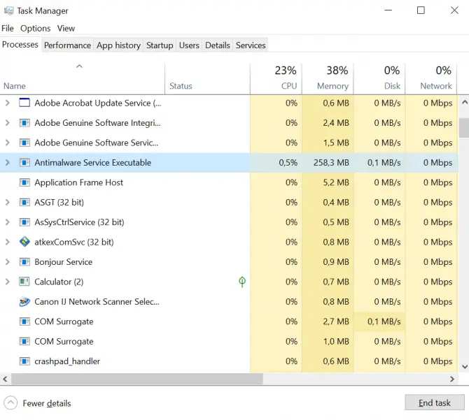 Antimalware Service Executable as shown in the Task Manager