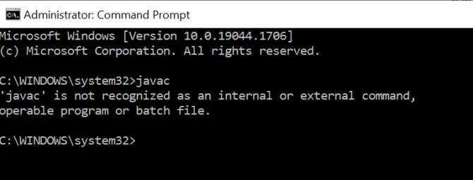 javac is not recognized as an internal or external command, operable program or batch file error message in Windows Command Prompt