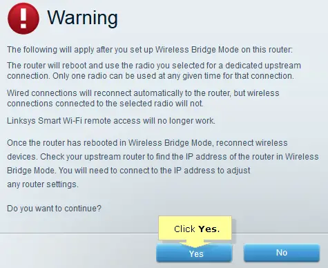 Linksys wireless bridge mode warning message