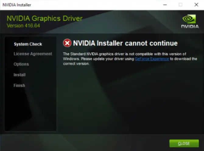 NVIDIA Installer Cannot Continue error message