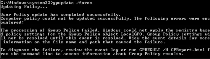 The processing of Group Policy failed error message