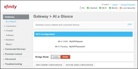 xfinity Gateway dashboard