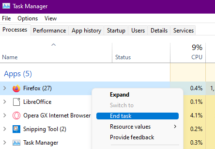 End Firefox browser task using task manager