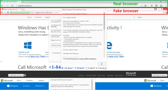 tech support scam windows fake browser