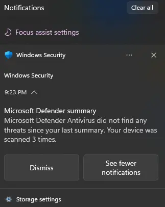 Windows Defender genuine notification alert
