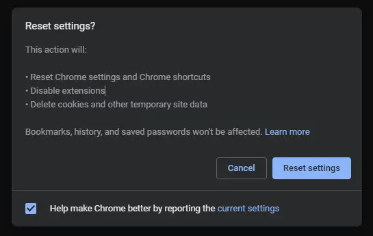 Reset settings to resolve the err_connection_aborted error.