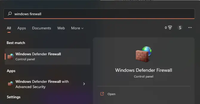 Search for Windows firewall