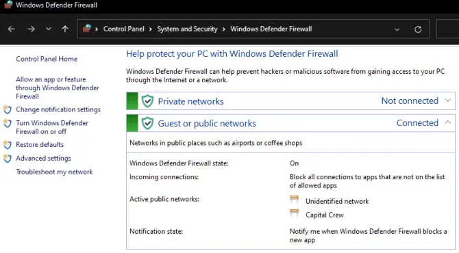 Windows Defender Firewall settings