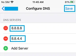 Add Google DNS servers 8.8.8.8 and 8.8.4.4 on iOS