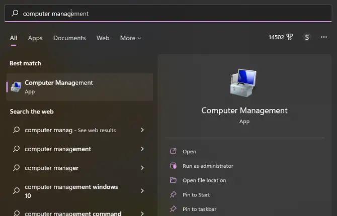 computer management app in the start menu