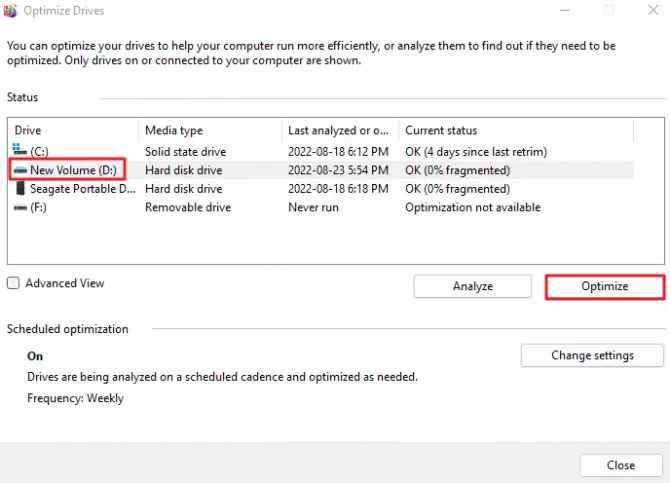 disk defragmenter - optimize button