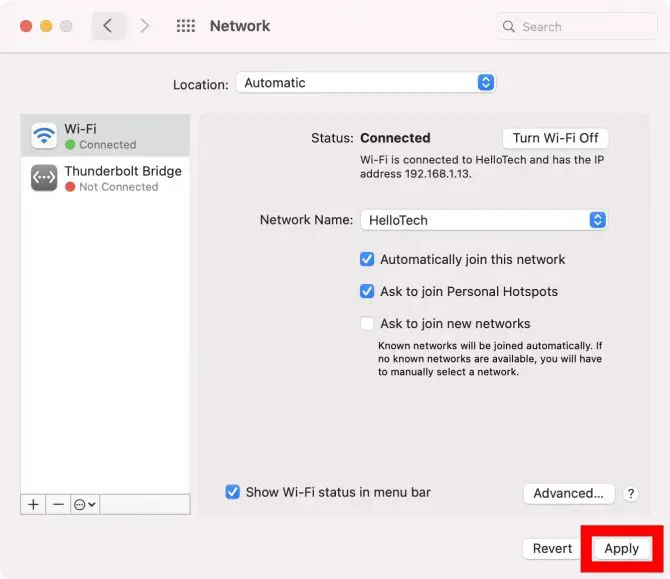 macOS network connections - apply changes