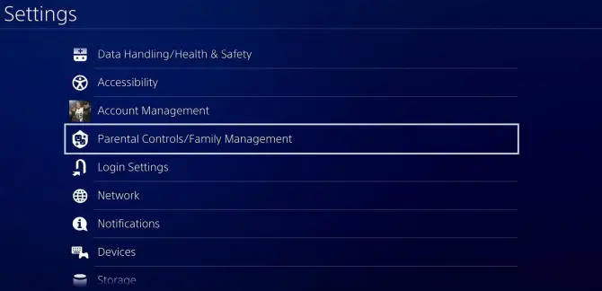parental controls and family management option on PS4 & PS5