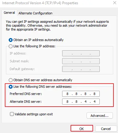 IPv4 setting for Google DNS server 8.8 8.8 and 8.8.4.4