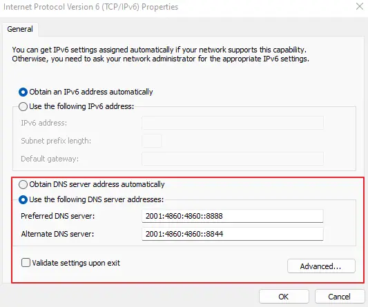 IPv6 setting Google DNS servers