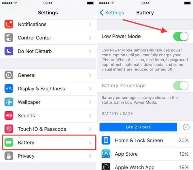 low power mode setting on iPhone