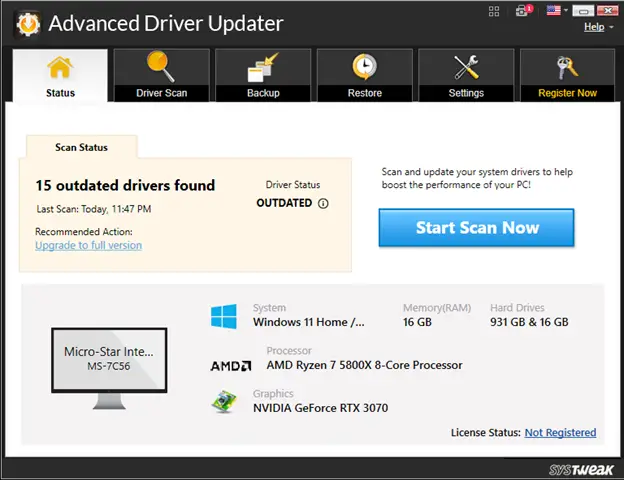 start scan - advanced driver updater