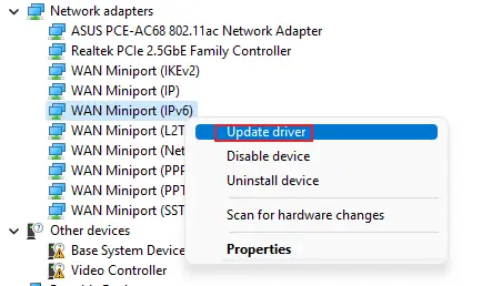 update driver option for the list of network adapters