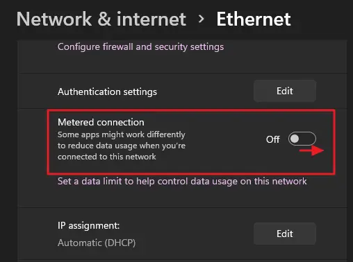 toggle metered connection to on