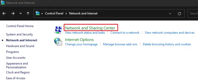 network sharing center option